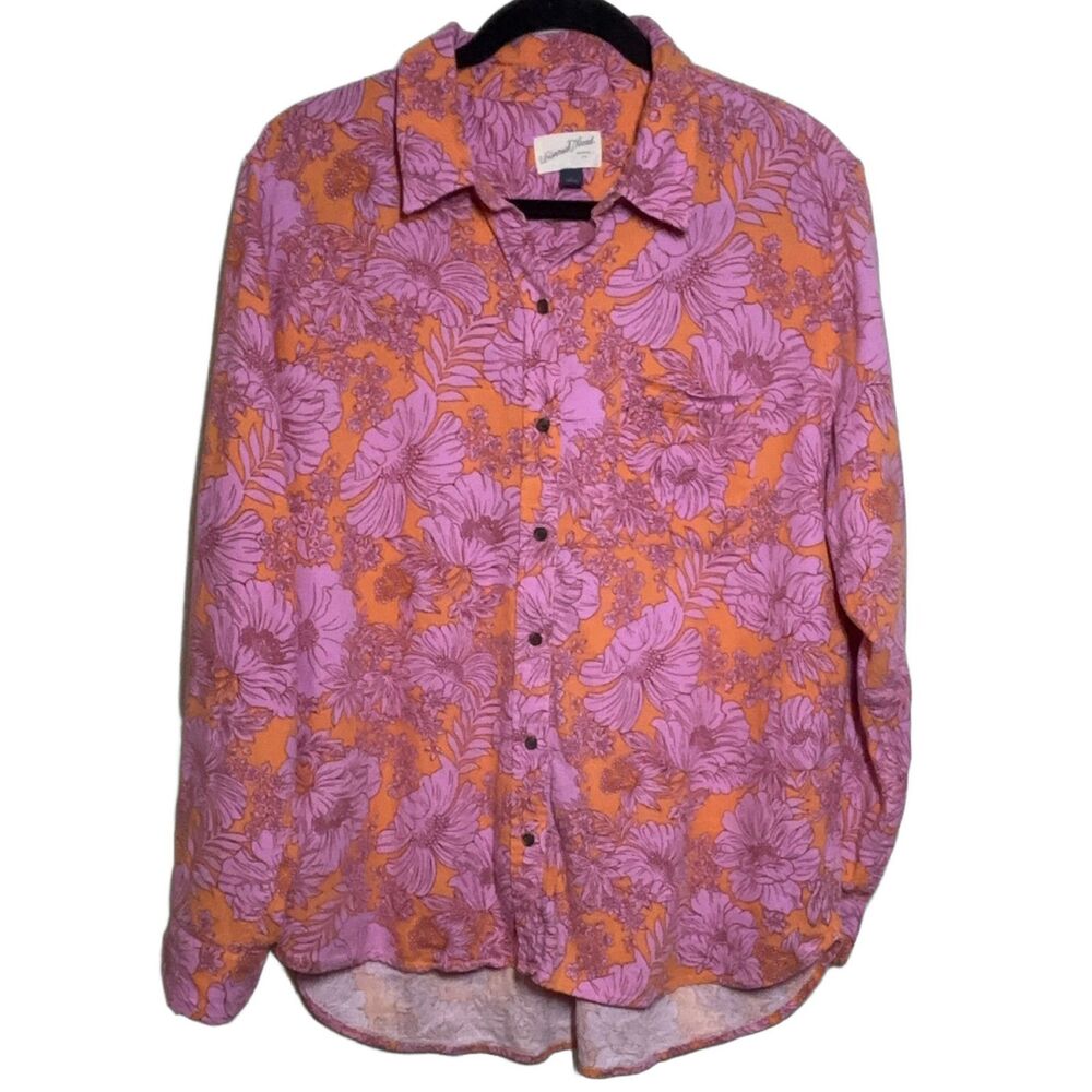 Universal Thread Women's L Floral Button Down Shirt Linen Blend Long Sleeve